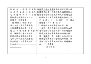 年 齡 者 ， 得 選 擇 至年 滿
養 老 年 金 給 付 起 支年 齡
之 日 起 領 取 （ 以 下簡 稱
展期養老年金給付）；一
經領受，不得變更。
被 保險人 保險 年資
滿十五年，未符合養老年
金給付請領年齡者，得提
前 五 年 請 領養 老 年金 給
付；每提前一年，依規定
計算之給付金額減給百分
之四（以下簡稱減額養老
年金給付），最多減給百
分之二十。
條第三項所定養老年金給付及第六項
請領年齡者，得選擇至年滿移列於本
養老年金給付起支年齡之日條規定並
起領取（以下簡稱展期養老酌作文字
年 金 給付 ） 一經 領受 ，不；修正。
得變更。二、 本 次 修
被保險人保險年資滿正後，被
十五年，未符合第十六條養保險人退
老年金給付請領資格者，得保時倘欲
提前五年請領養老年金給請領全額
付，每提前一年，依第十六養老年金
條規定計算之給付金額減給給付，須
百分之四，最多減給百分之同時符合
二十。一次養老
給付請領
118
行
政
院 FAA
第 A0
行 35 B3
政 47 24
院 次 15
院 8C
會 E0
會 F
議
 