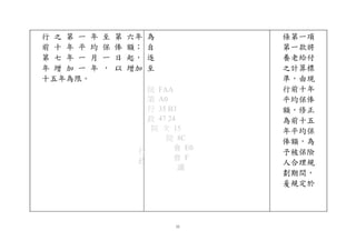 行
政
院 FAA
第 A0
行 35 B3
政 47 24
院 次 15
院 8C
會 E0
會 F
議
行 之 第 一 年 至 第 六年 為
前 十 年 平 均 保 俸 額； 自
第 七 年 一 月 一 日 起， 逐
年 增 加 一 年 ， 以 增加 至
十五年為限。
條第一項
第一款將
養老給付
之計算標
準，由現
行前十年
平均保俸
額，修正
為前十五
年平均保
俸額，為
予被保險
人合理規
劃期間，
爰規定於
55
 