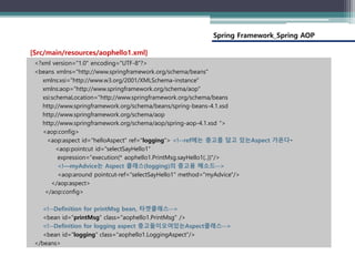 Spring Framework_Spring AOP
<?xml version="1.0" encoding="UTF-8"?>
<beans xmlns="http://www.springframework.org/schema/beans"
xmlns:xsi="http://www.w3.org/2001/XMLSchema-instance"
xmlns:aop="http://www.springframework.org/schema/aop"
xsi:schemaLocation="http://www.springframework.org/schema/beans
http://www.springframework.org/schema/beans/spring-beans-4.1.xsd
http://www.springframework.org/schema/aop
http://www.springframework.org/schema/aop/spring-aop-4.1.xsd ">
<aop:config>
<aop:aspect id="helloAspect" ref="logging"> <!--ref에는 충고를 담고 있는Aspect 가온다
<aop:pointcut id="selectSayHello1"
expression="execution(* aophello1.PrintMsg.sayHello1(..))"/>
<!—myAdvice는 Aspect 클래스(logging)의 충고용 메소드-->
<aop:around pointcut-ref="selectSayHello1" method="myAdvice"/>
</aop:aspect>
</aop:config>
<!--Definition for printMsg bean, 타겟클래스-->
<bean id="printMsg" class="aophello1.PrintMsg" />
<!--Definition for logging aspect 충고들이오여있는Aspect클래스-->
<bean id="logging" class="aophello1.LoggingAspect"/>
</beans>
[Src/main/resources/aophello1.xml]
 