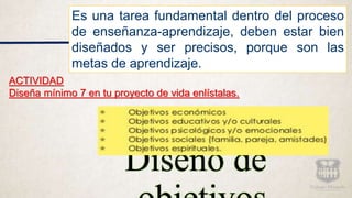 Diseño de
Es una tarea fundamental dentro del proceso
de enseñanza-aprendizaje, deben estar bien
diseñados y ser precisos, porque son las
metas de aprendizaje.
ACTIVIDAD
Diseña mínimo 7 en tu proyecto de vida enlístalas.
 