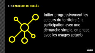 LES FACTEURS DE SUCCÈS
Initier progressivement les
acteurs du territoire à la
participation avec une
démarche simple, en phase
avec les usages actuels
 