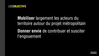 LESOBJECTIFS
Mobiliser largement les acteurs du
territoire autour du projet métropolitain
Donner envie de contribuer et susciter
l’engouement
 
