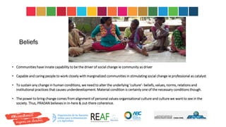 • Communities have innate capability to be the driver of social change ie community as driver
• Capable and caring people to work closely with marginalized communities in stimulating social change ie professional as catalyst
• To sustain any change in human conditions, we need to alter the underlying ‘culture’- beliefs, values, norms, relations and
institutional practices that causes underdevelopment. Material condition is certainly one of the necessary conditions though.
• The power to bring change comes from alignment of personal values-organisational culture and culture we want to see in the
society. Thus, PRADAN believes in in-here & out-there coherence.
Beliefs
 