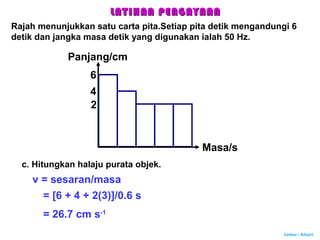 Author : Khairi
Panjang/cm
Masa/s
c. Hitungkan halaju purata objek.
v = sesaran/masa
= [6 + 4 + 2(3)]/0.6 s
6
4
2
= 26.7 cm s-1
LATIHAN PENGAYAANLATIHAN PENGAYAAN
Rajah menunjukkan satu carta pita.Setiap pita detik mengandungi 6
detik dan jangka masa detik yang digunakan ialah 50 Hz.
 