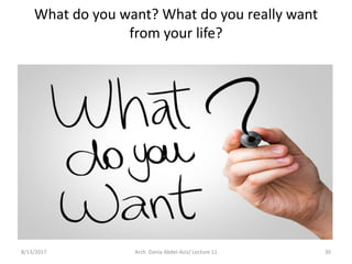 What do you want? What do you really want
from your life?
8/13/2017 Arch. Dania Abdel-Aziz/ Lecture 11 30
 