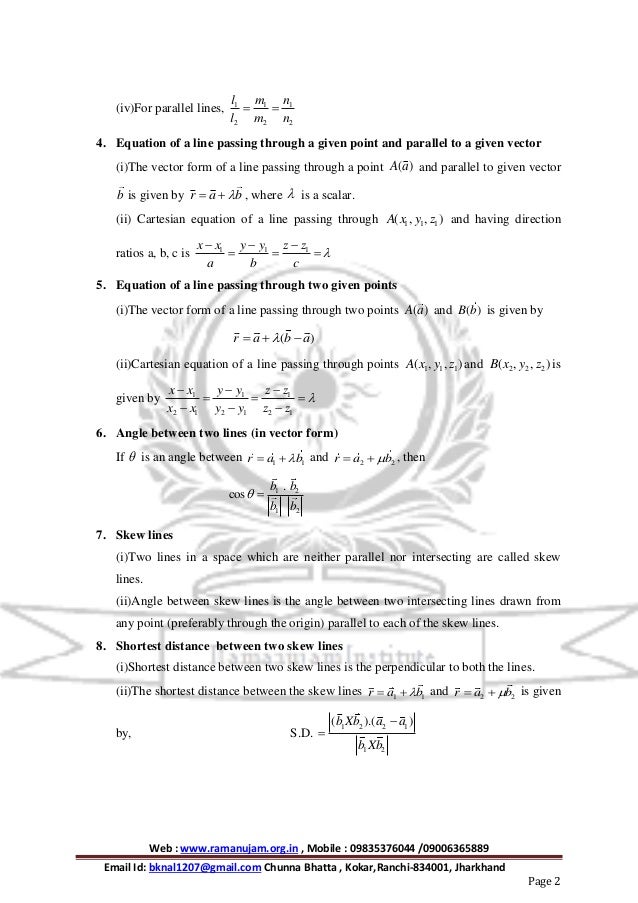 mathematics formula for class xii three dimensional geometry vector form of a line