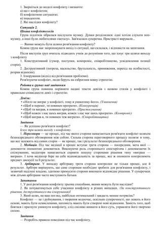 1. Зверніться до моделі конфлікту і визначте:
а) що є конфліктом;
б) конфліктною ситуацією;
в) інцидентом.
2. Які наслідки конфлікту?
Ситуація 2.
Цікава конфліктологія
Група підлітків зібралася послухати музику. Думки розділилися: одні хотіли слухати поп-
музику, а інші були любителями «металу». Зав'язалася суперечка. Пристрасті вирували...
— Якими можуть бути шляхи розв'язання конфлікту?
Кожна група має запропонувати вихід із ситуації, що склалася, і відповісти на запитання.
Після виступів груп вчитель підводить учнів до розуміння того, що існує три шляхи виходу
з конфлікту
1. Конструктивний (гумор, поступки, компроміс, співробітництво, усвідомлення позиції
сторін).
2. Деструктивний (погроза, насильство, брутальність, приниження, перехід на особистості,
розрив відносин).
3. Ігнорування (відхід від розв'язання проблеми).
Розв'язуючи конфлікт, люди беруть на озброєння певну стратегію.
Робота в групах над завданням
Кожна група повинна порівняти надані тексти девізів з назвою стилів у конфлікті і
правильно співвіднести девіз і стратегію.
Девізи:
• «Ніхто не виграє у конфлікті, тому я уникатиму його». (Уникнення)
• «Щоб я переміг, ти повинен програти». (Конкуренція)
• «Щоб ти виграв, я повинен програти». (Пристосування)
• «Щоб кожен з нас щось виграв, кожен з нас має щось програти». (Компроміс)
• «Щоб виграв я, ти повинен теж виграти». (Співробітництво)
Завдання
— Як успішно розв'язати конфлікт?
Існує три шляхи виходу з конфлікту.
1. Переговори — це процес, під час якого сторони намагаються розв'язати конфлікт шляхом
безпосереднього обговорення між собою. Сильна сторона переговорного процесу полягає в тому,
що все залежить від самих сторін — як процес, так і результат безпосереднього обговорення.
2. Медіація. Під час медіації в процес вступає третя сторона — посередник, мета якої —
допомогти опонентам домовитися. Виконуючи роль стороннього спостерігача і допомагаючи їх
спілкуванню, медіатори намагаються сприяти пошуку сторонами рішення типу «виграш —
виграш». І хоча медіатор бере на себе відповідальність за процес, все ж опоненти контролюють
предмет дискусії та її результат.
3. Арбітраж. У випадку арбітражу третя сторона контролює не тільки процес, але й
результат. Арбітри вирішують, що саме сторонам необхідно зробити для розв'язання конфлікту, і
зазвичай наділені владою, здатною примусити сторони виконати відповідне рішення. У суперечках
між дітьми арбітрами часто виступають батьки.
Запитання
1. У разі розв'язання конфлікту трьома способами, якими можуть бути наслідки?
2. Як почуватимуться себе учасники конфлікту в різних випадках. (За конструктивного
рішення, деструктивного та ігнорування)І
3. Який шлях, на ваш погляд, найбільш оптимальний і завдасть менше потрясінь?
Конфлікт — це і руйнування, і творення водночас, оскільки суперечності, що лежать в його
основі, мають бути осмисленими, натомість мають бути створені нові відносини. Замість того, щоб
боятися і прагнути уникнути конфлікту, слід сміливо вникати в його суть, управляти його творчою
силою.
Завдання
— Розробіть правила поведінки під час конфлікту.
 