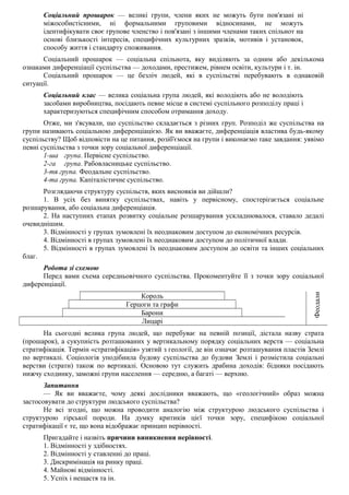 Соціальний прошарок — великі групи, члени яких не можуть бути пов'язані ні
міжособистісними, ні формальними груповими відносинами, не можуть
ідентифікувати своє групове членство і пов'язані з іншими членами таких спільнот на
основі близькості інтересів, специфічних культурних зразків, мотивів і установок,
способу життя і стандарту споживання.
Соціальний прошарок — соціальна спільнота, яку виділяють за одним або декількома
ознаками диференціації суспільства — доходами, престижем, рівнем освіти, культури і т. ін.
Соціальний прошарок — це безліч людей, які в суспільстві перебувають в однаковій
ситуації.
Соціальний клас — велика соціальна група людей, які володіють або не володіють
засобами виробництва, посідають певне місце в системі суспільного розподілу праці і
характеризуються специфічним способом отримання доходу.
Отже, ми з'ясували, що суспільство складається з різних груп. Розподіл же суспільства на
групи називають соціальною диференціацією. Як ви вважаєте, диференціація властива будь-якому
суспільству? Щоб відповісти на це питання, розіб'ємося на групи і виконаємо таке завдання: уявімо
певні суспільства з точки зору соціальної диференціації.
1-ша група. Первісне суспільство.
2-га група. Рабовласницьке суспільство.
3-тя група. Феодальне суспільство.
4-та група. Капіталістичне суспільство.
Розглядаючи структуру суспільств, яких висновків ви дійшли?
1. В усіх без винятку суспільствах, навіть у первісному, спостерігається соціальне
розшарування, або соціальна диференціація.
2. На наступних етапах розвитку соціальне розшарування ускладнювалося, ставало дедалі
очевиднішим.
3. Відмінності у групах зумовлені їх неоднаковим доступом до економічних ресурсів.
4. Відмінності в групах зумовлені їх неоднаковим доступом до політичної влади.
5. Відмінності в групах зумовлені їх неоднаковим доступом до освіти та інших соціальних
благ.
Робота зі схемою
Перед вами схема середньовічного суспільства. Прокоментуйте її з точки зору соціальної
диференціації.
Король
Феодали
Герцоги та графи
Барони
Лицарі
На сьогодні велика група людей, що перебуває на певній позиції, дістала назву страта
(прошарок), а сукупність розташованих у вертикальному порядку соціальних верств — соціальна
стратифікація. Термін «стратифікація» узятий з геології, де він означає розташування пластів Землі
по вертикалі. Соціологія уподібнила будову суспільства до будови Землі і розмістила соціальні
верстви (страти) також по вертикалі. Основою тут служить драбина доходів: бідняки посідають
нижчу сходинку, заможні групи населення — середню, а багаті — верхню.
Запитання
— Як ви вважаєте, чому деякі дослідники вважають, що «геологічний» образ можна
застосовувати до структури людського суспільства?
Не всі згодні, що можна проводити аналогію між структурою людського суспільства і
структурою гірської породи. На думку критиків цієї точки зору, специфікою соціальної
стратифікації є те, що вона відображає принцип нерівності.
Пригадайте і назвіть причини виникнення нерівності.
1. Відмінності у здібностях.
2. Відмінності у ставленні до праці.
3. Дискримінація на ринку праці.
4. Майнові відмінності.
5. Успіх і нещастя та ін.
 