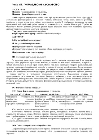 Тема VIII. ГРОМАДЯНСЬКЕ СУСПІЛЬСТВО
УРОКИ 15-16
Поняття громадянського суспільства.
Поняття і функції громадської думки
Мета: сприяти формуванню знань учнів про громадянське суспільство, його структуру і
особливості функціонування в сучасній Україні; отримання нових знань шляхом розгляду
проблеми з різних точок зору, вибору оптимальних шляхів її розв'язання; виховання почуття
причетності до історії своєї країни, поваги до державної влади, законів, Конституції України як
Основного Закону держави; розвиток уміння вести дискусію, мати своє незалежне судження,
аргументувати його, вміння вислухати опонента.
Тип уроку: вивчення нового матеріалу.
Форма проведення уроку: лекція з елементами дискусії.
ХІД УРОКУ
I. Організаційний момент уроку
II. Актуалізація опорних знань
Перевірка домашнього завдання
Декілька учнів зачитують свої пам'ятки «Якщо ваші права порушені «.
Повідомлення теми та мети уроку.
III. Мотивація навчальної діяльності
За сучасних умов перед нашою державою стоїть завдання перетворення її на правову
державу. Нове українське суспільство вимагає установки на взаємодію, співпрацю, відкритість,
захист власних прав і повагу прав інших. Настає час, коли необхідно створити суспільство, що
дозволяє реалізувати індивідуальні потреби та здібності окремо взятої людини. Все це можливо
тільки в умовах громадянського суспільства. І це зрозуміло, оскільки формування громадянського
суспільства пов'язано з розвитком демократії, ринкової економіки і становленням правової держави
— інакше кажучи, з глобальною соціальною перебудовою. Відродження інтересу до
громадянського суспільства як соціального феномену пов'язано з тими соціально-політичними
потрясіннями, які кардинально змінили обличчя Східної Європи і України за останнє десятиліття.
Розкрити сутність, структуру та принципи функціонування громадянського суспільства дозволить
нам даний урок.
IV. Вивчення нового матеріалу
►► Етапи формування громадянського суспільства
1-й етап: ХУІ-ХУІІ ст. 2-й етап: ХУІІІ-ХІХ ст. 3-й етап: ХХ-ХХІ ст.
Формування громадянського
суспільства, складання
економічних і політичних
передумов появи буржуазії
Формування громадянського
суспільства в найбільш розвинених
країнах Європи та США у вигляді
капіталістичної вільної
конкуренції
Відбуваються зміни в
соціальній структурі, триває
процес становлення правових
соціальних держав
Слід виділити передумови функціонування громадянського суспільства.
Економічні: приватна власність, вільний ринок, конкуренція. Соціальні: велика вага у
суспільстві середнього класу. Політико-правові: правова рівність громадян, повне забезпечення
прав і свобод людини, їх захист, децентралізація влади, політичний плюралізм.
Культурні: забезпечення права людини на отримання інформації, високий освітній рівень
населення, свобода совісті.
►► Поняття «громадянське суспільство»
Закріплення приватним (цивільним) правом природних суспільних відносин є передумовою
формування суспільства вільних громадян, тобто громадянського суспільства (вільного від
держави).
 