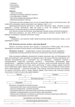 • локальну;
• регіональну;
• міждержавну;
• світову.
Завдання
— Яка це політика?
• Рішення міської Ради народних депутатів.
• Указ Президента України.
• Постанова губернатора Донецької області.
• Національний проект «Освіта».
Суб'єктами політики називають всіх, хто так чи інакше бере участь у політичному житті. Це
можуть бути громадяни, партія, організація, клас, держава, етнос і т. ін.
Давньогрецький філософ Арістотель у своїй книзі «Політика» писав: «Людина за своєю
природою є істотою політичною, через що навіть ті люди, які анітрохи не потребують
взаємодопомоги, несвідомо прагнуть спільного проживання».
Але, будучи істотами політичними, люди виявляють різний ступінь політичної активності.
Політологи вважають, що лише 10-20 % людей справді політично активні, 80-90 % —
байдужі, їх називають глядачами політичного театру.
Завдання
— Поміркуйте, у які моменти історії з'являється більше акторів політичного театру, а в які
переважають глядачі.
►► Політична система: сутність, структура, функції
Поняття «політична система» було введено в політологію в 50-60-х роках XX століття.
Засновником системного підходу аналізу в політичній науці був американець Д. Істон.
Політична система — впорядкована, складна, багатогранна система державних і
недержавних відносин соціальних інститутів, що виконують певні політичні функції.
Вона покликана відображати різноманітні інтереси соціальних груп, які безпосередньо або
через свої організації і рухи впливають на державну владу. Це поняття об'єднує різноманітні дії і
взаємини володарюючих груп і підвладних, тих, що управляють, і керованих, панівних і
підпорядкованих, теоретично узагальнює діяльність і взаємозв'язки організованих форм
владовідносин — державних та інших інститутів і установ, а також політичних цінностей і норм,
що регулюють політичне життя членів даного суспільства. У межах окремих держав політичне
життя найбільшою мірою виявляє себе як система, а політична система найбільш повно виявляє
свою головну функцію — суспільної інтеграції. Тому поняття «політична система» застосовують
для аналізу політичного життя в межах окремих держав. Коли йдеться про політичну систему
суспільства, то мають на увазі саме окремі держави.
Вимоги Рішення
↑ ↑
Політична система
↓ ↓
Підтримка Дії
Виділяють такі функції політичної системи:
• визначення цілей, задач, шляхів розвитку суспільства;
• розподіл матеріальних і духовних ресурсів;
• організація діяльності суспільства щодо досягнення поставлених цілей;
• розробка та впровадження в суспільстві різних норм поведінки;
• забезпечення стабільності та безпеки в суспільстві; політична соціалізація особистості;
• контроль за виконанням політичних норм.
ПОЛІТИЧНА СИСТЕМА СУСПІЛЬСТВА
Політичні організації (інститути)
↓ ↓ ↓
 