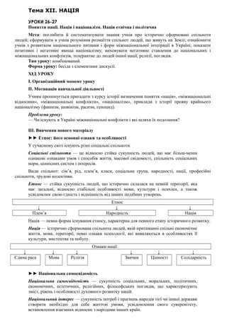 Тема XII. НАЦІЯ
УРОКИ 26-27
Поняття нації. Нація і націоналізм. Нація етнічна і політична
Мета: поглибити й систематизувати знання учнів про історично сформовані спільноти
людей; сформувати в учнів розуміння розмаїття спільнот людей, що живуть на Землі; ознайомити
учнів з розвитком національного питання і форм міжнаціональної інтеграції в Україні; показати
позитивні і негативні явища націоналізму; виховувати негативне ставлення до національних і
міжнаціональних конфліктів, толерантне до людей іншої нації, релігії, поглядів.
Тип уроку: комбінований.
Форма уроку: бесіда з елементами дискусії.
ХІД УРОКУ
I. Організаційний момент уроку
II. Мотивація навчальної діяльності
Учням пропонується пригадати з курсу історії визначення поняття «нація», «міжнаціональні
відносини», «міжнаціональні конфлікти», «націоналізм», приклади з історії прояву крайнього
націоналізму (фашизм, шовінізм, расизм, геноцид).
Проблема уроку:
— Чи існують в Україні міжнаціональні конфлікти і які шляхи їх подолання?
III. Вивчення нового матеріалу
►► Етнос: його основні ознаки та особливості
У сучасному світі існують різні соціальні спільноти.
Соціальні спільноти — це відносно стійка сукупність людей, що має більш-менш
однакові ознаками умов і способів життя, масової свідомості, спільність соціальних
норм, ціннісних систем і інтересів.
Види спільнот: сім’я, рід, плем’я, класи, соціальна група, народності, нації, професійні
спільноти, трудові колективи.
Етнос — стійка сукупність людей, що історично склалася на певній території, яка
має загальні, відносно стабільні особливості мови, культури і психіки, а також
усвідомлює свою єдність і відмінність від інших подібних утворень.
Етнос
↓ ↓ ↓
Плем’я Народність Нація
Нація — певна форма існування етносу, характерна для певного етапу історичного розвитку.
Нація — історично сформована спільнота людей, якій притаманні спільні економічне
життя, мова, території, певні ознаки психології, які виявляються в особливостях її
культури, мистецтва та побуту.
Ознаки нації
↓ ↓ ↓ ↓ ↓ ↓
Єдина раса Мова Релігія Звички Цінності Солідарність
►► Національна самосвідомість
Національна самосвідомість — сукупність соціальних, моральних, політичних,
економічних, естетичних, релігійних, філософських поглядів, що характеризують
зміст, рівень і особливості духовного розвитку націй.
Національний інтерес — сукупність потреб і прагнень народів тієї чи іншої держави
створити необхідні для себе життєві умови, усвідомлення свого суверенітету,
встановлення взаємних відносин з народами інших країн.
 