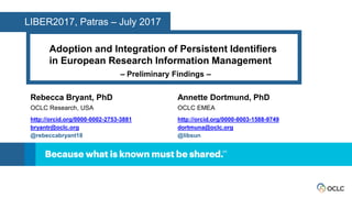 SM
Adoption and Integration of Persistent Identifiers
in European Research Information Management
– Preliminary Findings –
Rebecca Bryant, PhD
OCLC Research, USA
http://orcid.org/0000-0002-2753-3881
bryantr@oclc.org
@rebeccabryant18
LIBER2017, Patras – July 2017
Annette Dortmund, PhD
OCLC EMEA
http://orcid.org/0000-0003-1588-9749
dortmuna@oclc.org
@libsun
 