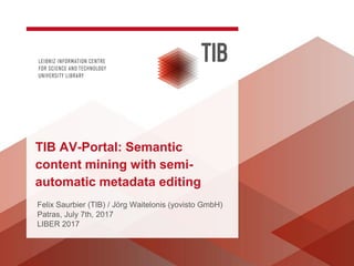 Felix Saurbier (TIB) / Jörg Waitelonis (yovisto GmbH)
Patras, July 7th, 2017
LIBER 2017
TIB AV-Portal: Semantic
content mining with semi-
automatic metadata editing
 