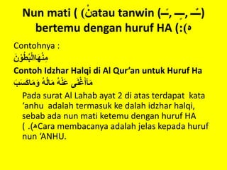 Nun mati ( ْ‫ن‬) atau tanwin (‫ــ‬ً‫ـ‬, ‫ــ‬ٍ‫ـ‬‫,ـ‬ ‫ــ‬ٌ‫ـ‬‫)ـ‬
bertemu dengan huruf HA ( ‫ه‬:)
Contohnya :
َْ‫ن‬‫و‬ُ‫ط‬ُ‫ب‬‫اال‬َ‫ه‬‫ن‬ِ‫م‬
Contoh Idzhar Halqi di Al Qur’an untuk Huruf Ha
‫ى‬َ‫ن‬‫غ‬َ‫آأ‬َ‫م‬ُْ‫ه‬‫َن‬‫ع‬َْ‫ب‬َ‫س‬َ‫ك‬‫ا‬َ‫م‬َ‫ْو‬ُ‫ه‬ُ‫ل‬‫ا‬َ‫م‬
Pada surat Al Lahab ayat 2 di atas terdapat kata
‘anhu adalah termasuk ke dalah idzhar halqi,
sebab ada nun mati ketemu dengan huruf HA
( ‫ھ‬.) Cara membacanya adalah jelas kepada huruf
nun ‘ANHU.
 