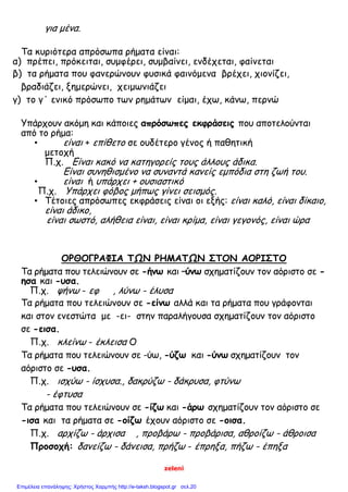 zeleni
για μένα.
Τα κυριότερα απρόσωπα ρήματα είναι:
α) πρέπει, πρόκειται, συμφέρει, συμβαίνει, ενδέχεται, φαίνεται
β) τα ρήματα που φανερώνουν φυσικά φαινόμενα βρέχει, χιονίζει,
βραδιάζει, ξημερώνει, χειμωνιάζει
γ) το γ΄ ενικό πρόσωπο των ρημάτων είμαι, έχω, κάνω, περνώ
Υπάρχουν ακόμη και κάποιες απρόσωπες εκφράσεις που αποτελούνται
από το ρήμα:
• είναι + επίθετο σε ουδέτερο γένος ή παθητική
μετοχή
Π.χ. Είναι κακό να κατηγορείς τους άλλους άδικα.
Είναι συνηθισμένο να συναντά κανείς εμπόδια στη ζωή του.
• είναι ή υπάρχει + ουσιαστικό
Π.χ. Υπάρχει φόβος μήπως γίνει σεισμός.
• Τέτοιες απρόσωπες εκφράσεις είναι οι εξής: είναι καλό, είναι δίκαιο,
είναι άδικο,
είναι σωστό, αλήθεια είναι, είναι κρίμα, είναι γεγονός, είναι ώρα
ΟΡΘΟΓΡΑΦΙΑ ΤΩΝ ΡΗΜΑΤΩΝ ΣΤΟΝ ΑΟΡΙΣΤΟ
Τα ρήματα που τελειώνουν σε -ήνω και –ύνω σχηματίζουν τον αόριστο σε -
ησα και -υσα.
Π.χ. ψήνω - εφ , λύνω - έλυσα
Τα ρήματα που τελειώνουν σε -είνω αλλά και τα ρήματα που γράφονται
και στον ενεστώτα με -ει- στην παραλήγουσα σχηματίζουν τον αόριστο
σε -εισα.
Π.χ. κλείνω - έκλεισα Ο
Τα ρήματα που τελειώνουν σε -ύω, -ύζω και -ύνω σχηματίζουν τον
αόριστο σε -υσα.
Π.χ. ισχύω - ίσχυσα., δακρύζω - δάκρυσα, φτύνω
- έφτυσα
Τα ρήματα που τελειώνουν σε -ίζω και -άρω σχηματίζουν τον αόριστο σε
-ισα και τα ρήματα σε -οίζω έχουν αόριστο σε -οισα.
Π.χ. αρχίζω - άρχισα , προβάρω - προβάρισα, αθροίζω - άθροισα
Προσοχή: δανείζω - δάνεισα, πρήζω - έπρηξα, πήζω - έπηξα
Επιμέλεια επανάληψης: Χρήστος Χαρμπής http://e-taksh.blogspot.gr σελ.20
 