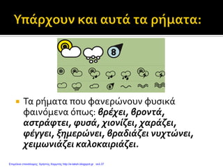  Τα ρήματα που φανερώνουν φυσικά
φαινόμενα όπως: βρέχει, βροντά,
αστράφτει, φυσά, χιονίζει, χαράζει,
φέγγει, ξημερώνει, βραδιάζει νυχτώνει,
χειμωνιάζει καλοκαιριάζει.
Επιμέλεια επανάληψης: Χρήστος Χαρμπής http://e-taksh.blogspot.gr σελ.37
 