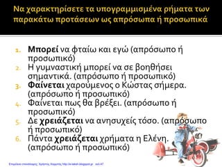 1. Μπορεί να φταίω και εγώ (απρόσωπο ή
προσωπικό)
2. Η γυμναστική μπορεί να σε βοηθήσει
σημαντικά. (απρόσωπο ή προσωπικό)
3. Φαίνεται χαρούμενος ο Κώστας σήμερα.
(απρόσωπο ή προσωπικό)
4. Φαίνεται πως θα βρέξει. (απρόσωπο ή
προσωπικό)
5. Δε χρειάζεται να ανησυχείς τόσο. (απρόσωπο
ή προσωπικό)
6. Πάντα χρειάζεται χρήματα η Ελένη.
(απρόσωπο ή προσωπικό)
Επιμέλεια επανάληψης: Χρήστος Χαρμπής http://e-taksh.blogspot.gr σελ.47
 