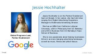 Confidential + Proprietary
Jessie Hochhalter
Jessie Hochhalter is on the Partner Enablement
team at Google. In her career, she has held roles
ranging from Digital Advertising Operations
Manager to Multimedia Advertising Director.
She has an MBA from California Lutheran
University, a BA in Philosophy from UC Berkeley
and a BS in Business from UC Berkeley’s Haas
School of Business.
She is very passionate about helping businesses
thrive in an ever-changing advertising landscape,
as well as music, fitness and pitbull rescue.
Global Programs Lead,
Partner Enablement
 