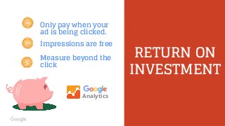 Confidential & Proprietary
RETURN ON
INVESTMENT
Only pay when your
ad is being clicked.
Impressions are free
Measure beyond the
click
Analytics
 