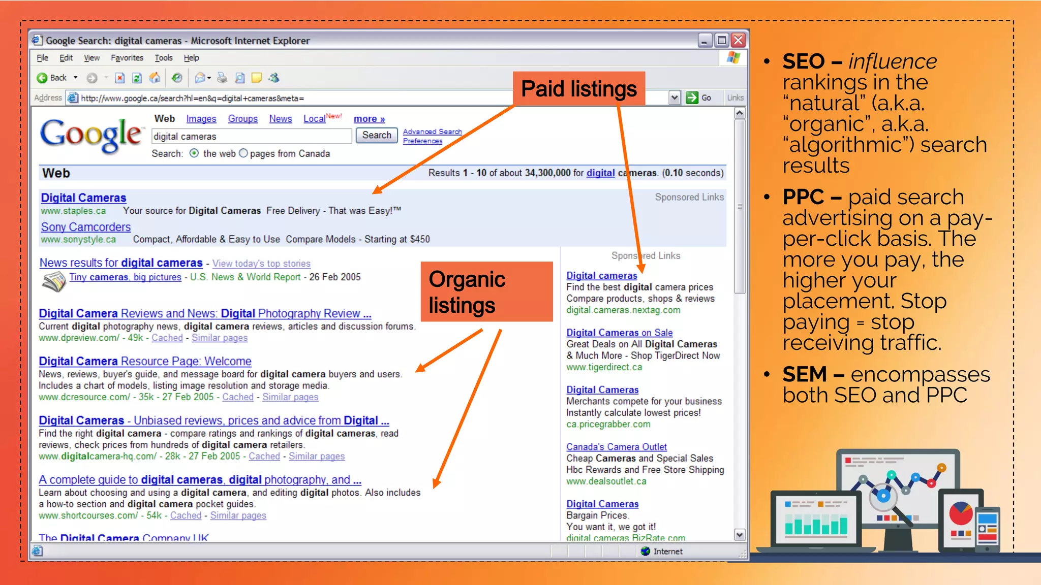 Organic
listings
Paid listings
• SEO – influence
rankings in the
“natural” (a.k.a.
“organic”, a.k.a.
“algorithmic”) search
results
• PPC – paid search
advertising on a pay-
per-click basis. The
more you pay, the
higher your
placement. Stop
paying = stop
receiving traffic.
• SEM – encompasses
both SEO and PPC
 