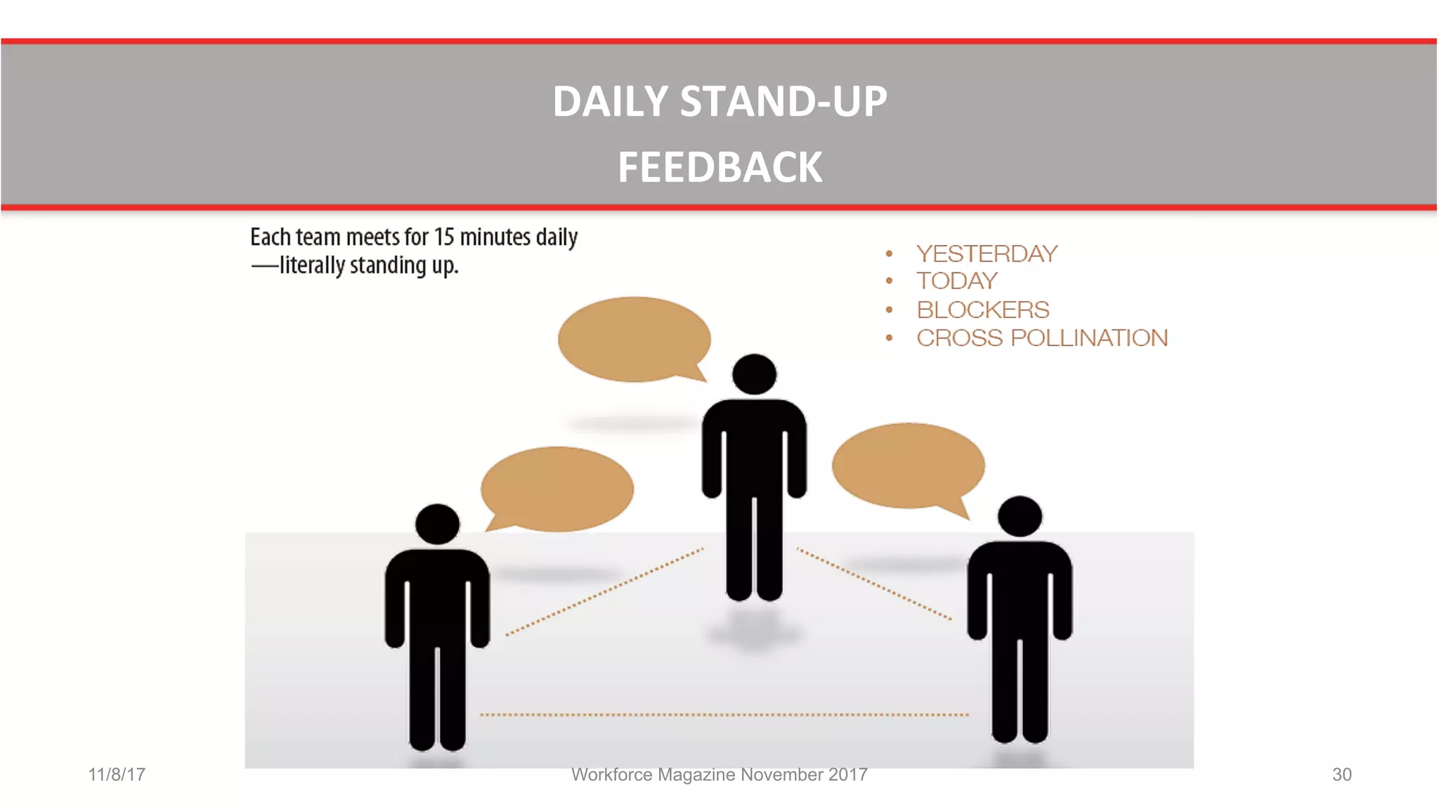 DAILY	
  STAND-­‐UP	
  	
  
FEEDBACK	
  	
  
11/8/17 Workforce Magazine November 2017 30
 