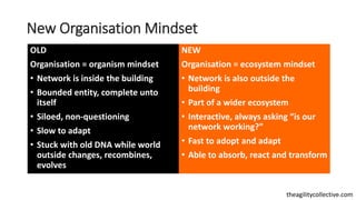 theagilitycollective.com
New Organisation Mindset
OLD
Organisation = organism mindset
• Network is inside the building
• B...