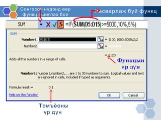 Сонгосон нүдэнд өөр
функц ашиглах бол
Засварлаж буй функц
Томъёоны
үр дүн
Функцын
р д нү ү
 