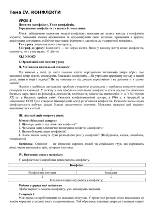 Тема IV. КОНФЛІКТИ
УРОК 5
Поняття «конфлікт». Типи конфліктів.
Зародження конфліктів та шляхи їх подолання
Мета: забезпечити засвоєння моделі конфлікту; показати які шляхи виходу з конфліктів
існують; розвивати вміння відстоювати та аргументувати свою позицію; працювати в групах;
аналізувати документи; публічно виступати; формувати здатність до толерантної поведінки.
Тип уроку: вивчення нового матеріалу.
Епіграф до уроку: Конфлікти — це норма життя. Якщо у вашому житті немає конфліктів,
перевірте, чи є у вас пульс. Ч. Ліксон
ХІД УРОКУ
I. Організаційний момент уроку
II. Мотивація навчальної діяльності
Ми живемо у світі, де часто сонячне світло порозуміння заслоняють хмари образ, дме
холодний вітер підозр, спалахують блискавки конфліктів. ...Як утримати прекрасну погоду в нашій
душі, жити в мирі і радості? Як не «змокнути» під дощем нерозуміння і як допомогти в цьому
іншим?
Однією з найбільш актуальних проблем сучасного суспільства є проблема конструктивної
співпраці та взаємодії. У зв’язку з цим проблема соціальних конфліктів стала предметом вивчення
багатьох наук, таких як філософія, соціологія, політологія, педагогіка, психологія і т. д. У 80-ті роки
XX ст. у багатьох країнах світу з’явилися конфліктологічні центри, а 1986 р. в Австралії за
ініціативою ООН було створено міжнародний центр розв’язання конфліктів. Останнім часом наука
конфліктологія набуває дедалі більше практичного значення. Можливо, невдовзі цей предмет
вивчатиметься в школі.
III. Актуалізація опорних знань
Метод «Мозковий штурм»
1. Що ви розумієте під поняттям конфлікт?
2. Чи можна дати однозначне визначення поняттю «конфлікт»?
3. Якими бувають види конфліктів?
4. Яким чином можуть бути розподілені ролі у конфлікті? (Підбурювач, свідок, пособник,
посередник)
Висновок. Конфлікт — це зіткнення окремих людей чи соціальних груп, що виражають
різні, часом протилежні цілі, інтереси і погляди.
IV. Вивчення нового матеріалу
У конфліктології вироблена певна модель конфлікту.
Конфлікт
↓ ↓
Конфліктна ситуація Інцидент
↓ ↓
Наслідки конфлікту (вихід з конфлікту)
Робота в групах над завданням
Щоби закріпити модель конфлікту, учні виконують завдання.
Ситуація 1
Між двома співробітниками не склалися стосунки. У приватній розмові один висловився не
зовсім коректно стосовно свого співрозмовника. Той образився, грюкнув дверима і написав скаргу
 