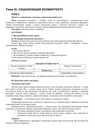 Тема II. СОЦІАЛІЗАЦІЯ ОСОБИСТОСТІ
УРОК 2
Поняття «соціалізація». Ґендерна соціалізація особистості
Мета: розвивати готовність і потребу учнів до самопізнання і самореалізації своєї
особистості; ознайомити з процесом соціалізації (сутність, етапи, проблеми, значення); формувати
вміння застосовувати знання з різних навчальних курсів і власного життєвого досвіду для
вирішення навчальних практичних завдань; сприяти формуванню активної життєвої позиції.
Тип уроку: вивчення нового матеріалу.
ХІД УРОКУ
I. Організаційний момент уроку
II. Мотивація навчальної діяльності
Учитель. Я пропоную вам послухати оповідку про давньогрецького філософа Діогена.
Одного разу вдень Діоген пішов багатолюдними вулицями Афін з ліхтариком в руках,
промовляючи: «Шукаю людину».
Бесіда
1. Кого шукав Діоген?
2. Що для вам здалося дивним у поведінці філософа?
3. Як ви вважаєте, на яких ознаках особистості зосередився Діоген?
4. Які ознаки особистості можете назвати ви?
Робота зі схемою
ОЗНАКИ ОСОБИСТОСТІ
Здатна відповідати за свої
вчинки
Продукт соціалізації
Особистість
Контролює свою поведінку Самостійна у своїх вчинках
Висновок. Саме суспільство, а не природа максимально впливає на особистість.
III. Вивчення нового матеріалу
Поняття соціалізації
Третину свого життя людина навчається жити у світі складних суспільних відносин. У театрі
ролі грають актори. Ми — актори театру життя. Кожна людина поводиться відповідно до ролі.
Суспільство чекає від нас бездоганної акторської гри, щоб за необхідності «зробити з каменяра
філософа». Знаючи закони природи, з «хорту лягаву не зробиш». Суспільство вимагає від нас
потрібних йому вмінь і навичок, правильних рішень. І допомагає нам це зробити соціалізація.
Соціалізація — це навчання дітей і підготовка їх до дорослого життя.
Соціалізація починається в дитинстві і закінчується у глибокій старості процесом засвоєння
соціальних ролей і культурних норм.
Навчання життя і навчання предмета — поняття різні. До соціалізації застосовуємо термін
освоєння, а не навчання. Процес соціалізації переживає кожен з нас протягом всього життя.
• Не можна соціальних ролей і культурних норм навчитися за книгами.
• Соціальних ролей багато, кожна включає багато норм і правил, тому навчатися їх
доводиться за реальних умов, протягом усього життя.
Завдання
— Щоб переконатися у важливості соціалізації, уявімо наше життя без неї. Як виглядала би
людина? Наведіть приклади.
 
