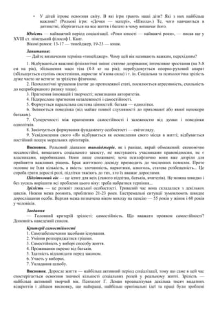• У дітей ігрове освоєння світу. В які ігри грають наші діти? Які з них найбільш
важливі? (Рольові ігри: «Дочки — матері», «Школа».) Те, чого навчаються в
дитинстві, зберігається на все життя і багато в чому визначає його.
Юність — найважчий період соціалізації. «Роки юності — найважчі роки», — писав ще у
XVIII ст. німецький філософ І. Кант.
Вікові рамки: 13-17 — тинейджер, 19-23 — юнак.
Запитання:
— Дайте визначення терміна «тинейджер». Чому цей вік називають важким, перехідним?
1. Відбуваються важливі фізіологічні зміни: статеве дозрівання; інтенсивне зростання (на 5-8
см на рік), збільшення маси тіла (4-8 кг на рік); перебудовується опорно-руховий апарат
(збільшується ступінь окостеніння, наростає м’язова сила) і т. ін. Соціальна та психологічна зрілість
дуже часто не встигає за зрілістю фізичною.
2. Психологічні зрушення (потяг до протилежної статі, посилюється агресивність, схильність
до неприборканого ризику тощо).
3. Прагнення інновацій і творчості; невизнання авторитетів.
4. Підкреслене прагнення незалежності і самостійності.
5. Формується паралельна система цінностей: батьки — однолітки.
6. Змінюється поведінка (від майже повної слухняності до прихованої або явної непокори
батькам).
7. Суперечності між прагненням самостійності і залежностю від думки і поведінки
однолітків.
8. Закінчується формування фундаменту особистості — світогляду.
9. Усвідомлення свого «Я» відбувається як осмислення свого місця в житті; відбувається
постійний пошук моральних орієнтирів.
Висновок. Рольовий діапазон тинейджерів, як і раніше, вкрай обмежений: економічно
несамостійні, вимагають соціального захисту, не виступають учасниками правовідносин, не є
власниками, виробниками. Вони лише споживачі; хоча психофізично вони вже дозріли для
прийняття важливих рішень. Брак життєвого досвіду призводить до численних помилок. Проте
головне не їхня кількість, а якість: злочинність, наркотики, алкоголь, статева розбещеність... Це
спроба грати дорослі ролі, підлітки тяжіють до тих, хто їх вважає дорослими.
Підлітковий вік — це іспит для всіх (самого підлітка, батьків, вчителів). Не можна швидко і
без зусиль вирішити всі проблеми цього віку: треба набратися терпіння...
Зрілість — це розквіт людської особистості. Тривалий час вона складалася з декількох
циклів. Нижня межа розмита, приблизно 21-23 роки. Екстремальні ситуації зумовлюють швидке
дорослішання особи. Верхня межа позначена віком виходу на пенсію — 55 років у жінок і 60 років
у чоловіків.
Завдання
— Головний критерій зрілості: самостійність. Що вважати проявом самостійності?
Доповніть наведений список.
Критерії самостійності
1. Самозабезпечення засобами існування.
2. Уміння розпоряджатися грішми.
3. Самостійність у виборі способу життя.
4. Проживання окремо від батьків.
5. Здатність відповідати перед законом.
6. Участь у виборах.
7. Укладання шлюбу.
Висновок. Доросле життя — найбільш активний період соціалізації, тому що саме в цей час
спостерігається освоєння значної кількості соціальних ролей у реальному житті. Зрілість —
найбільш активний творчий вік. Психолог Г. Леман проаналізував декілька тисяч видатних
відкриттів і дійшов висновку, що найкращі, найбільш оригінальні ідеї та праці були зроблені
 