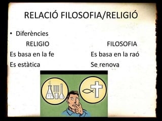 RELACIÓ FILOSOFIA/RELIGIÓ
• Diferències
RELIGIO FILOSOFIA
Es basa en la fe Es basa en la raó
Es estàtica Se renova
 