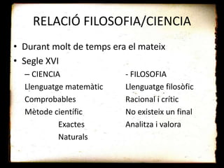 RELACIÓ FILOSOFIA/CIENCIA
• Durant molt de temps era el mateix
• Segle XVI
– CIENCIA - FILOSOFIA
Llenguatge matemàtic Llenguatge filosòfic
Comprobables Racional i crític
Mètode científic No existeix un final
Exactes Analitza i valora
Naturals
 