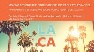 MOVING BEYOND THE SINGLE-DISCIPLINE FACULTY-LED MODEL:
HOW CAN MUSIC BUSINESS AND SOCIAL WORK STUDENTS GET ALONG?
Drs. Mimi Barnard, Susan Finch, and Nathan Webb, Belmont University
Ms. Jenna Garchar, CIEE
 