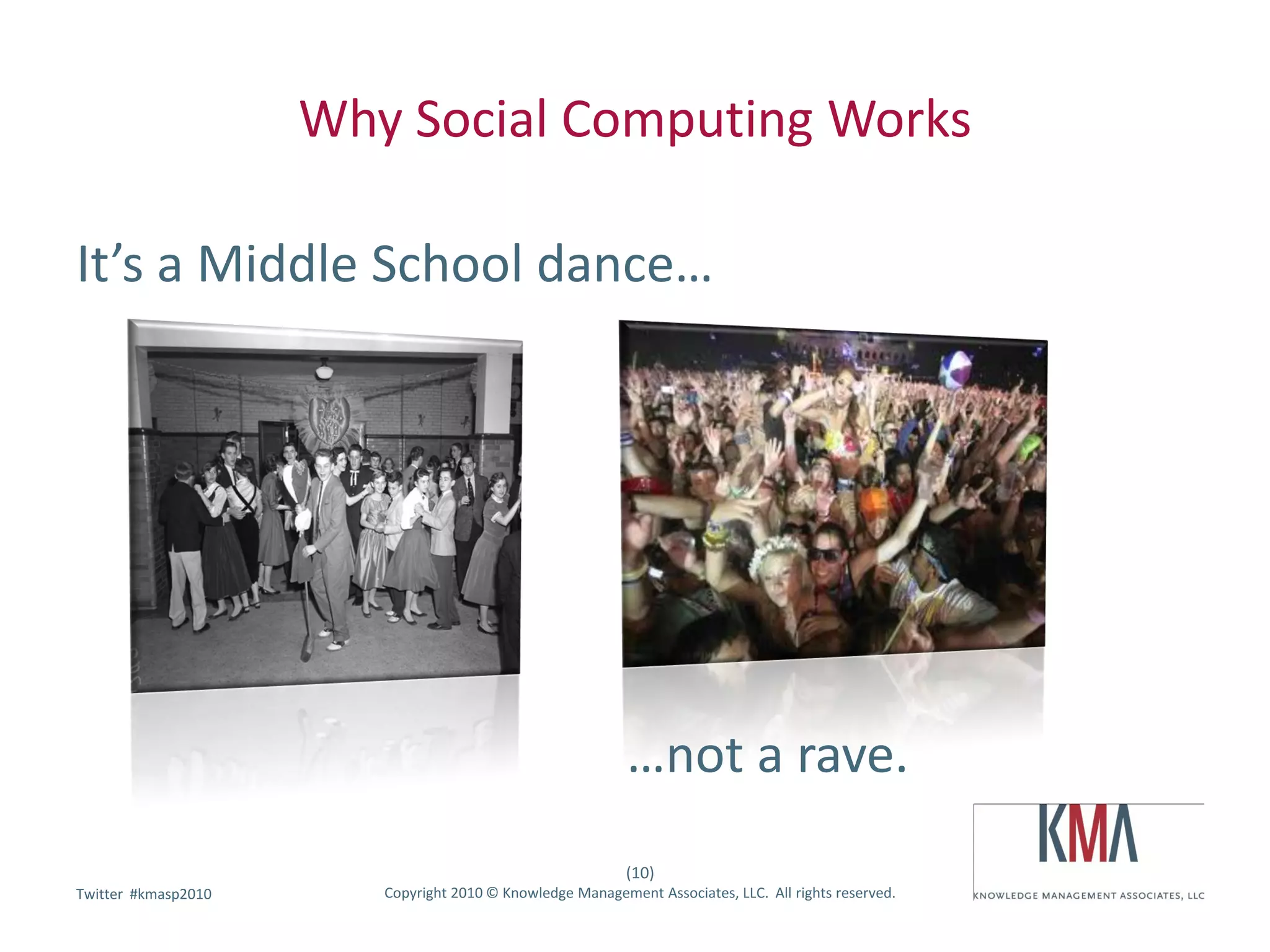 Why Social Computing Works

It’s a Middle School dance…




                                                           …not a rave.
                                                           (10)
        #kmasp2010
Twitter hashtag:        Copyright 2010 © Knowledge Management Associates, LLC. All rights reserved.
 