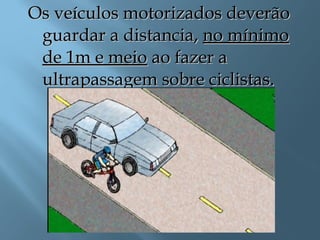 Os veículos motorizados deverãoOs veículos motorizados deverão
guardar a distancia,guardar a distancia, no mínimono mínimo
de 1m e meiode 1m e meio ao fazer aao fazer a
ultrapassagem sobre ciclistas.ultrapassagem sobre ciclistas.
 