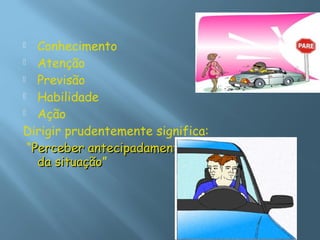  Conhecimento
 Atenção
 Previsão
 Habilidade
 Ação
Dirigir prudentemente significa:
“Perceber antecipadamente para ter controlePerceber antecipadamente para ter controle
da situaçãoda situação”
 