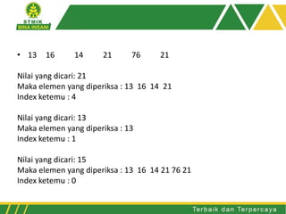 • 13 16 14 21 76 21
Nilai yang dicari: 21
Maka elemen yang diperiksa : 13 16 14 21
Index ketemu : 4
Nilai yang dicari: 13
Maka elemen yang diperiksa : 13
Index ketemu : 1
Nilai yang dicari: 15
Maka elemen yang diperiksa : 13 16 14 21 76 21
Index ketemu : 0
 