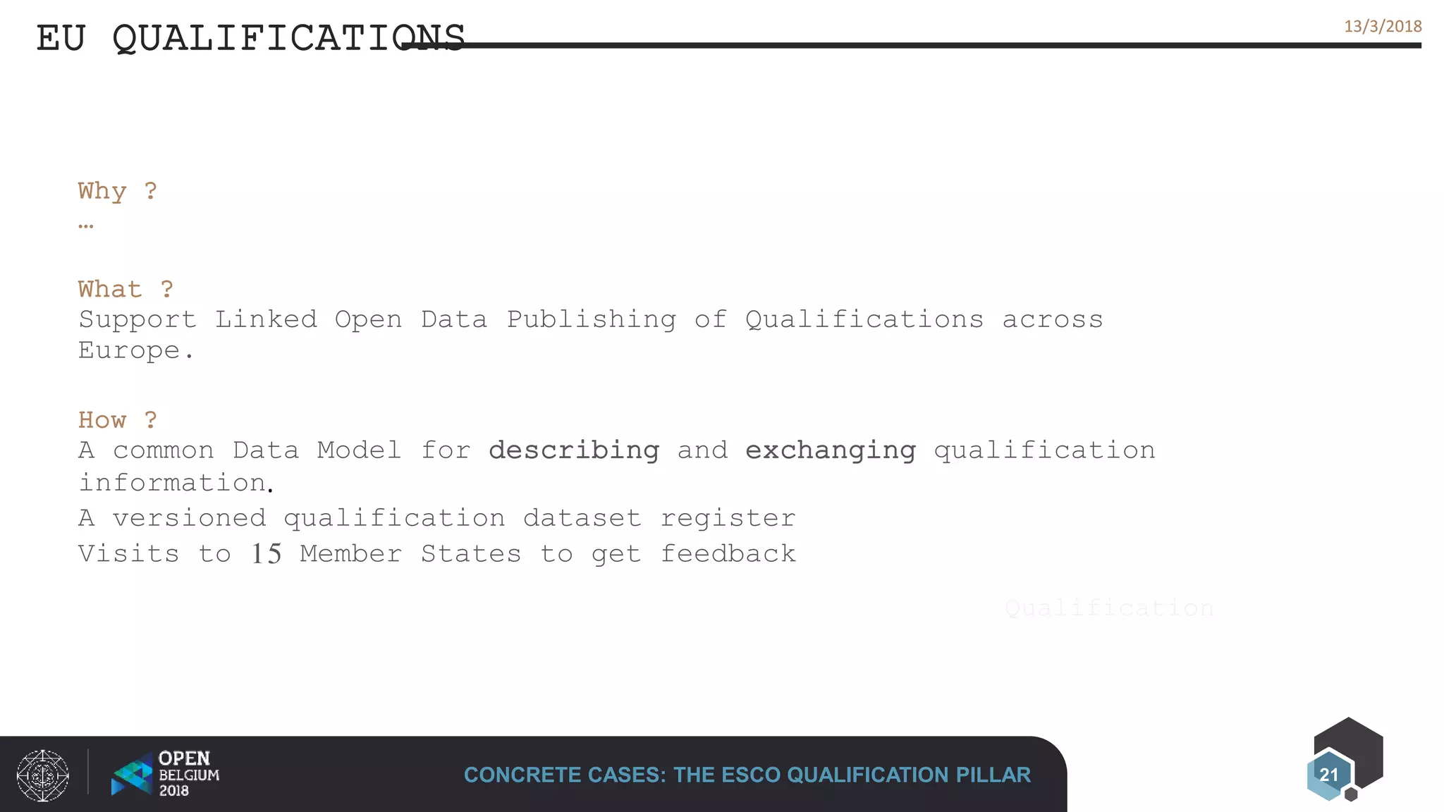 21
13/3/201813/3/2018
EU QUALIFICATIONS
CONCRETE CASES: THE ESCO QUALIFICATION PILLAR
Qualification
Why ?
…
What ?
Support Linked Open Data Publishing of Qualifications across
Europe.
How ?
A common Data Model for describing and exchanging qualification
information.
A versioned qualification dataset register
Visits to 15 Member States to get feedback
 