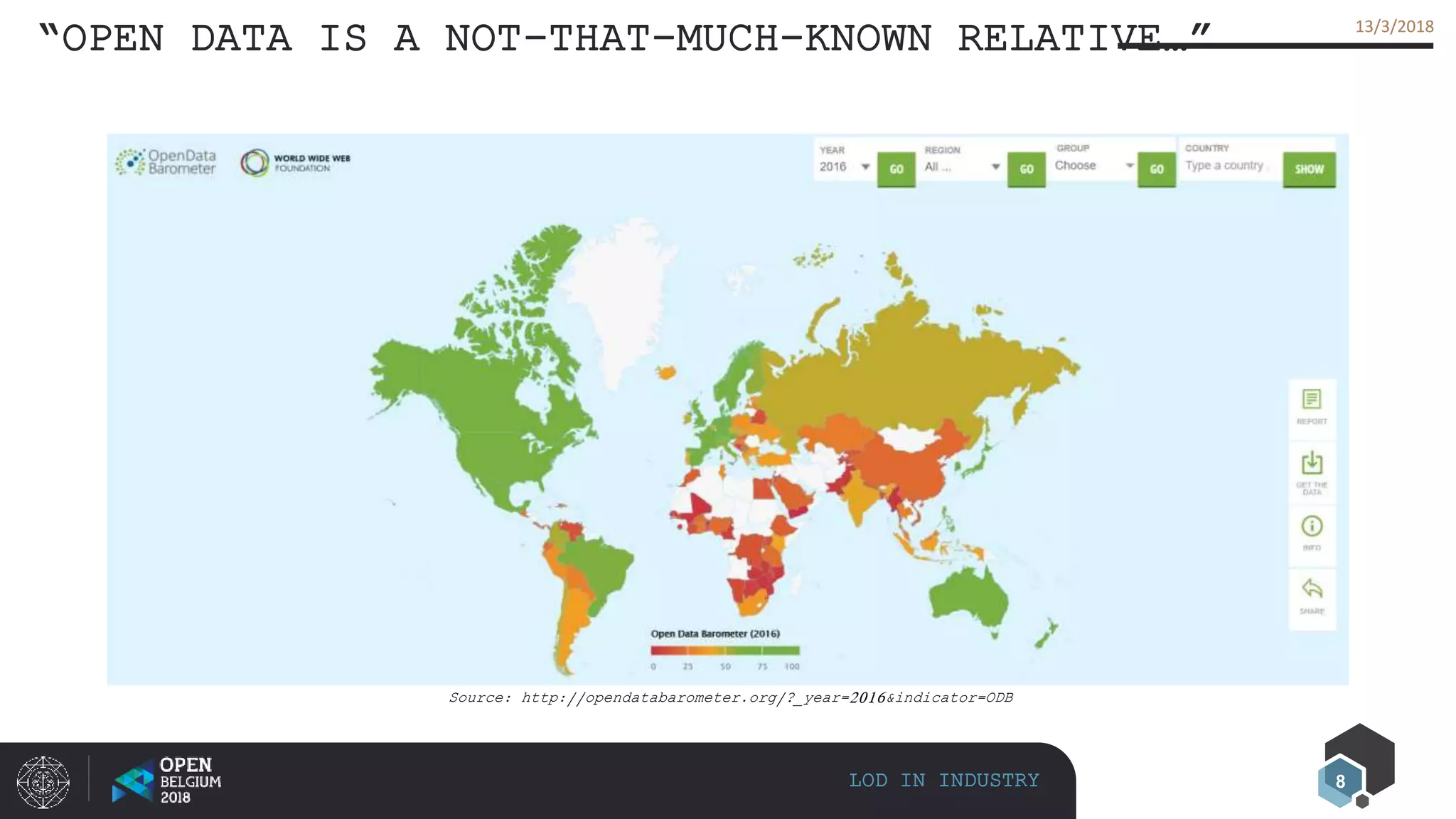 8
13/3/201813/3/2018
“OPEN DATA IS A NOT-THAT-MUCH-KNOWN RELATIVE…”
LOD IN INDUSTRY
Source: http://opendatabarometer.org/?_year=2016&indicator=ODB
 