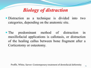Biology of distraction
 Distraction as a technique is divided into two
categories, depending on the anatomic site.
 The predominant method of distraction in
maxillofacial applications is callotasis, or distraction
of the healing callus between bone fragment after a
Corticotomy or osteotomy.
19
Proffit, White, Sarver: Contemporary treatment of dentofacial deformity
 