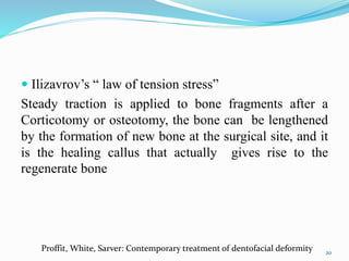  Ilizavrov’s “ law of tension stress”
Steady traction is applied to bone fragments after a
Corticotomy or osteotomy, the bone can be lengthened
by the formation of new bone at the surgical site, and it
is the healing callus that actually gives rise to the
regenerate bone
20
Proffit, White, Sarver: Contemporary treatment of dentofacial deformity
 