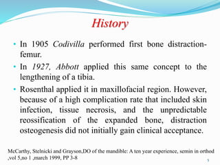 History
• In 1905 Codivilla performed first bone distraction-
femur.
• In 1927, Abbott applied this same concept to the
lengthening of a tibia.
• Rosenthal applied it in maxillofacial region. However,
because of a high complication rate that included skin
infection, tissue necrosis, and the unpredictable
reossification of the expanded bone, distraction
osteogenesis did not initially gain clinical acceptance.
McCarthy, Stelnicki and Grayson,DO of the mandible: A ten year experience, semin in orthod
,vol 5,no 1 ,march 1999, PP 3-8 5
 