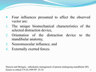  Four influences presumed to affect the observed
vector are:
1. The unique biomechanical characteristics of the
selected distraction device,
2. Orientation of the distraction device to the
mandibular anatomy,
3. Neuromuscular influence, and
4. Externally exerted forces.
71
Hanson and Melugin, orthodontic management of patient undergoing mandibular DO,
Semin in orthod 5:9-24,1999 PP 25-34
 