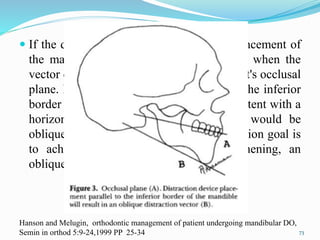  If the distraction goal is pure sagittal advancement of
the mandibular body, this is best realized when the
vector of distraction is parallel to the patient's occlusal
plane. Placement of the device parallel to the inferior
border of the mandibular body is not consistent with a
horizontal direction of distraction, as it would be
oblique to the occlusal plane If the distraction goal is
to achieve both ramus and body lengthening, an
oblique vector is used.
73
Hanson and Melugin, orthodontic management of patient undergoing mandibular DO,
Semin in orthod 5:9-24,1999 PP 25-34
 
