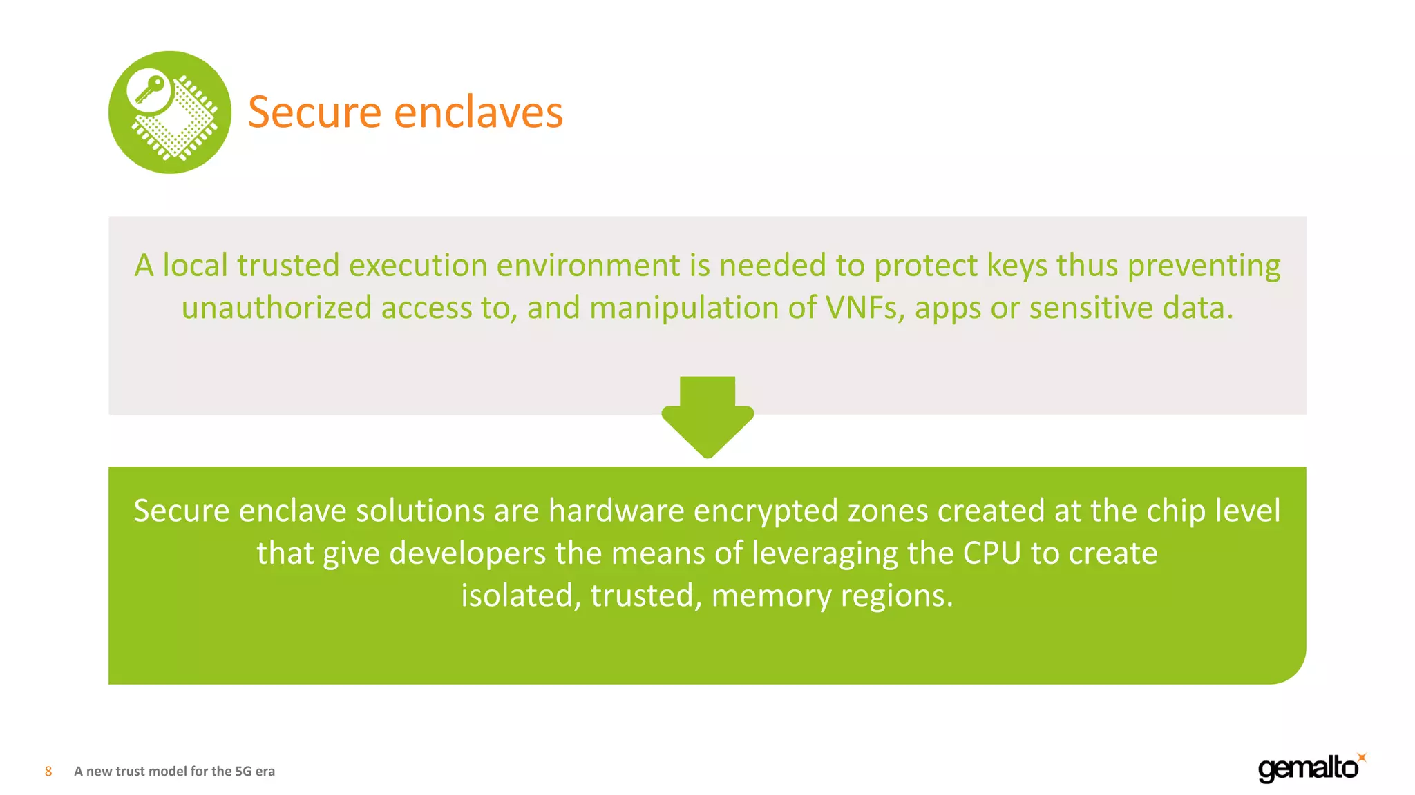 Secure enclaves
A new trust model for the 5G era8
A local trusted execution environment is needed to protect keys thus preventing
unauthorized access to, and manipulation of VNFs, apps or sensitive data.
Secure enclave solutions are hardware encrypted zones created at the chip level
that give developers the means of leveraging the CPU to create
isolated, trusted, memory regions.
 