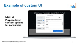 Example of custom UI
NB: Graphics are for illustration purposes only. 15
Level 2:
Purpose-level
consent options
for consumers
 