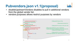 Pubvendors.json v1.1(proposal)
• disableUpstreamVendors disables to pull in additional vendors
from the global vendor list.
• vendors.purposes allows restrict purposes by vendors
27
{
"publisherVendorsVersion": 1, // [Required] Version of the
pubvendors.json specification
"version": 1, // [Required] Increment on
each update of this file
"globalVendorListVersion": 1, // [Required] The version of the GVL this
was created from
"updatedAt": "2018-05-28T00:00:00Z", // [Required] Updated for every modification
"disableUpstreamVendors": true, // [Optional] dont pull additional vendors from the GVL
"vendors": [ // [Required] Whitelist vendors
{
"id": 1 // [Required] ID of vendor from GVL
"purposes": [1, 2, 3], // [Optional] Publishers can restrict purposes by vendor
},
{
"id": 2
}
]
}
 