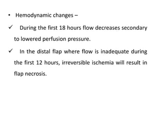 • Hemodynamic changes –
 During the first 18 hours flow decreases secondary
to lowered perfusion pressure.
 In the distal flap where flow is inadequate during
the first 12 hours, irreversible ischemia will result in
flap necrosis.
 