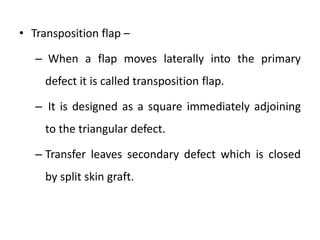 • Transposition flap –
– When a flap moves laterally into the primary
defect it is called transposition flap.
– It is designed as a square immediately adjoining
to the triangular defect.
– Transfer leaves secondary defect which is closed
by split skin graft.
 