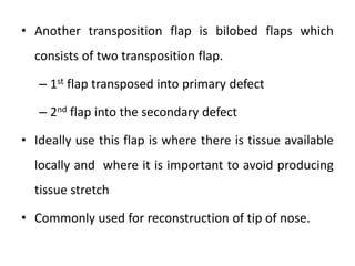 • Another transposition flap is bilobed flaps which
consists of two transposition flap.
– 1st flap transposed into primary defect
– 2nd flap into the secondary defect
• Ideally use this flap is where there is tissue available
locally and where it is important to avoid producing
tissue stretch
• Commonly used for reconstruction of tip of nose.
 